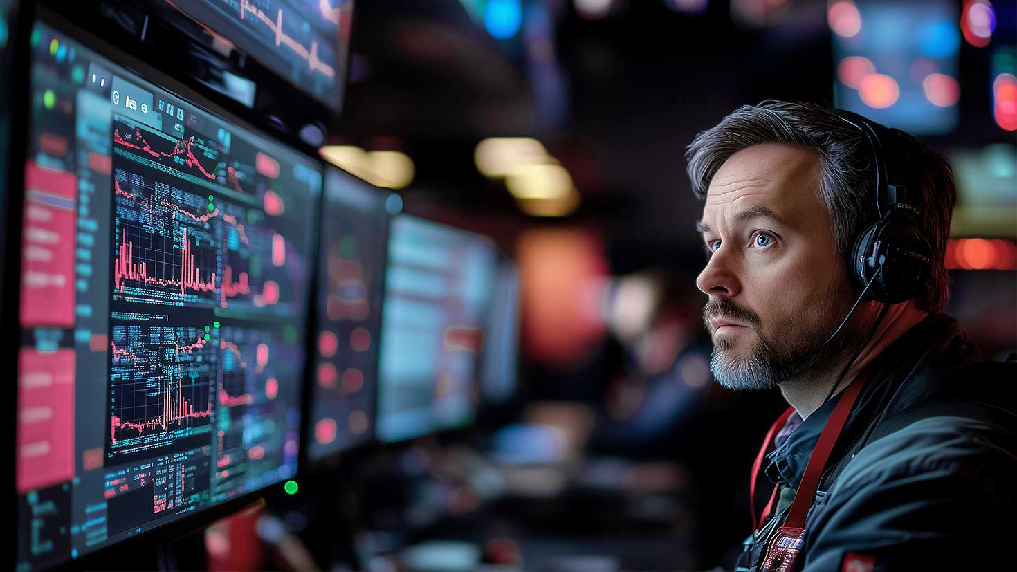 IT-Sicherheitsanalyst überwacht in einem Kontrollraum in Echtzeit Bedrohungsdaten auf mehreren Bildschirmen während einer simulierten NIS-2-Notfallübung,