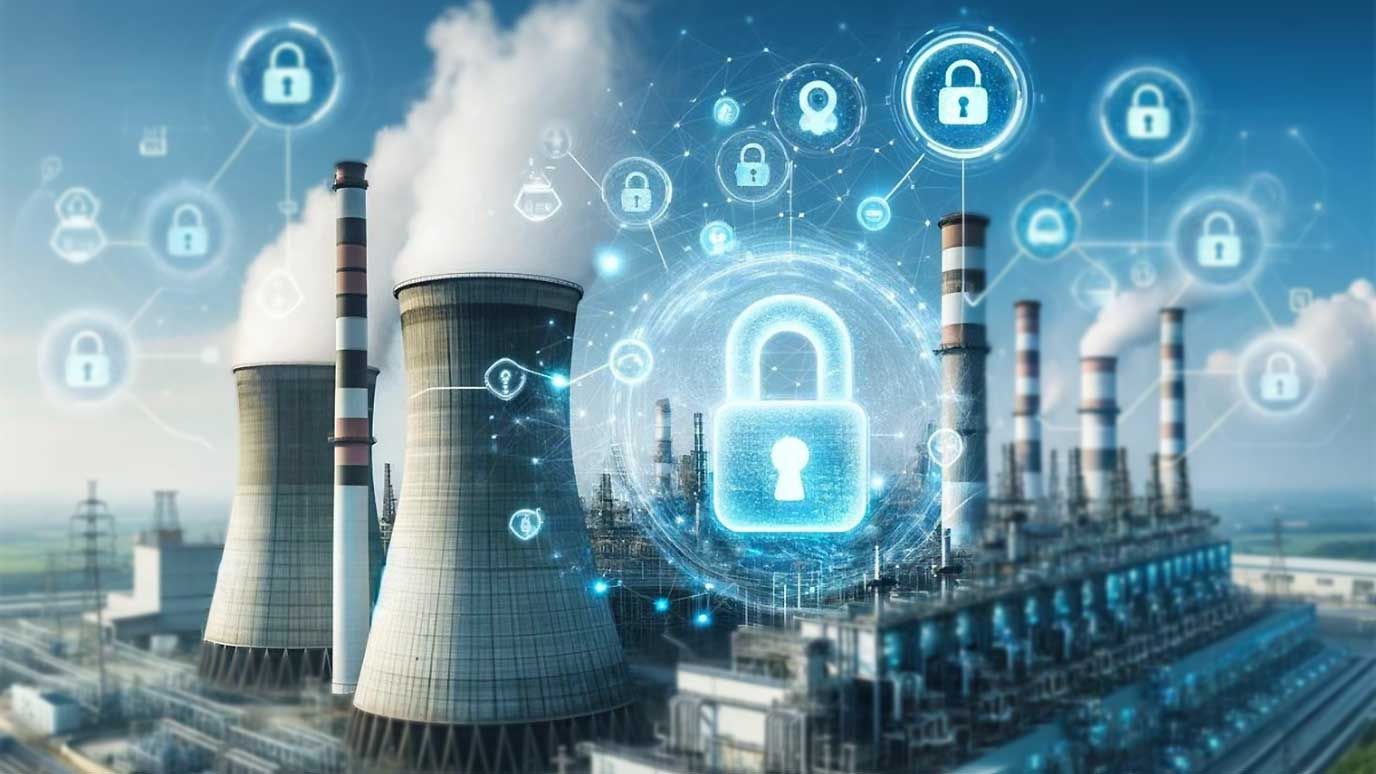 Cyber-Awareness Training für Energie- und Wasserversorgung Digitale Schutzmechanismen mit Schloss-Symbolen über einem Industriekraftwerk, symbolisiert Cybersicherheit in der Energieversorgung