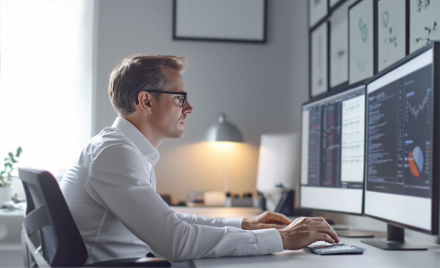 Geschäftsmann am Schreibtisch arbeitet konzentriert am Computer, während auf dem Bildschirm Kreisdiagramme und Finanz-Metriken angezeigt werden. Es wird eine Analyse von Daten und Statistiken unternommen. 