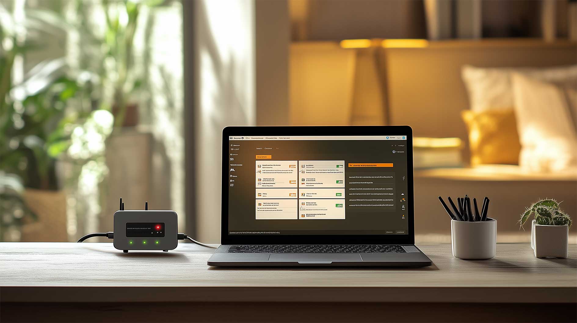 Laptop im Home-Office mit Cybersicherheits-Software auf dem Bildschirm, verbunden mit einem Sicherheitsgerät. 