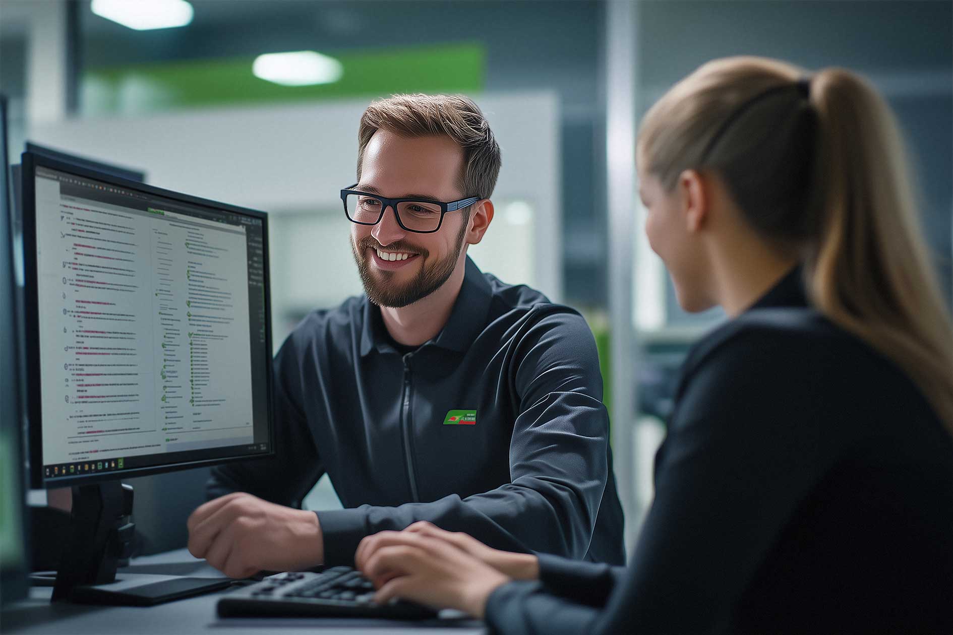Zwei IT-Sicherheitsexperten führen ein lebendiges Gespräch am Arbeitsplatz. 