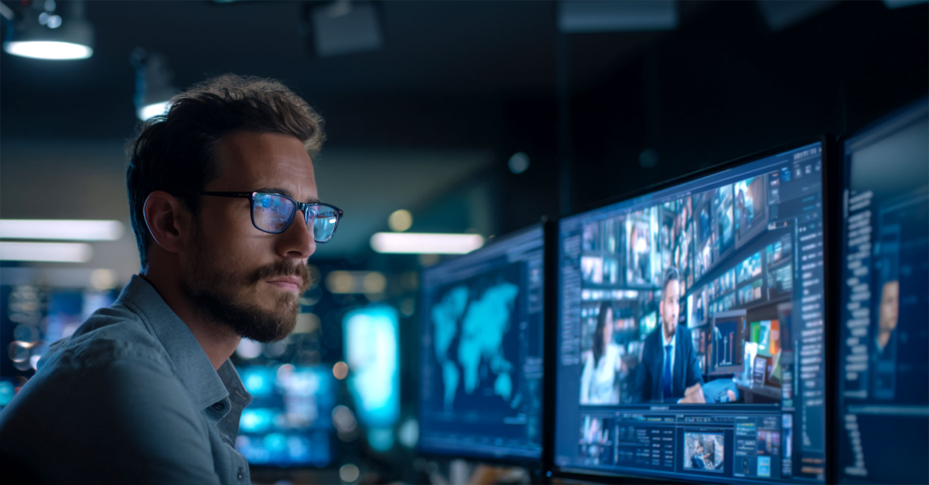 IT-Sicherheitsexperte überwacht Cyberangriffe auf mehreren Monitoren