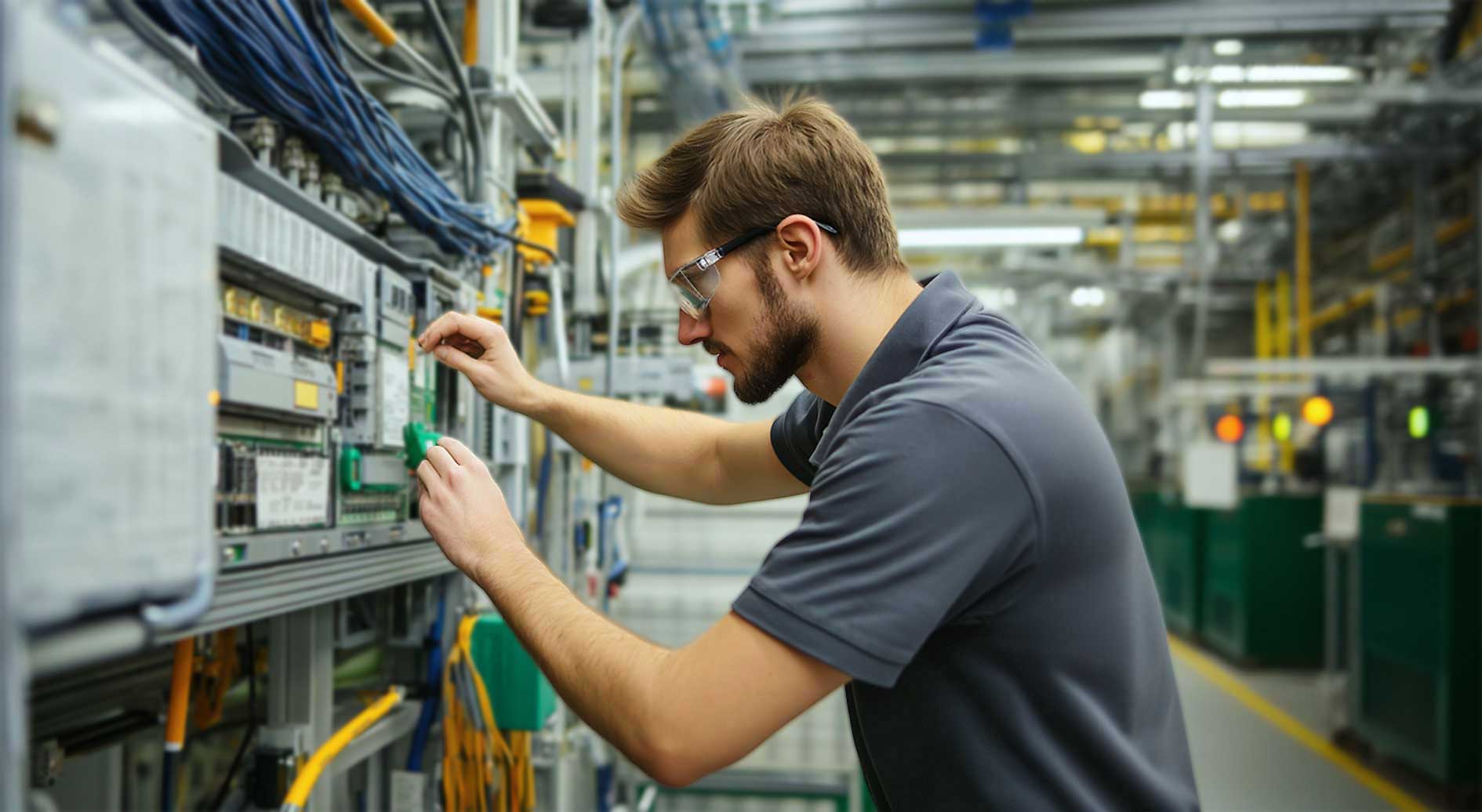 Techniker in einer Industriehalle arbeitet an Automatisierungstechnik für Cyber-Resilienz. Er trägt eine Schutzbrille und konzentriert sich auf die Wartung eines Steuerungssystems. 