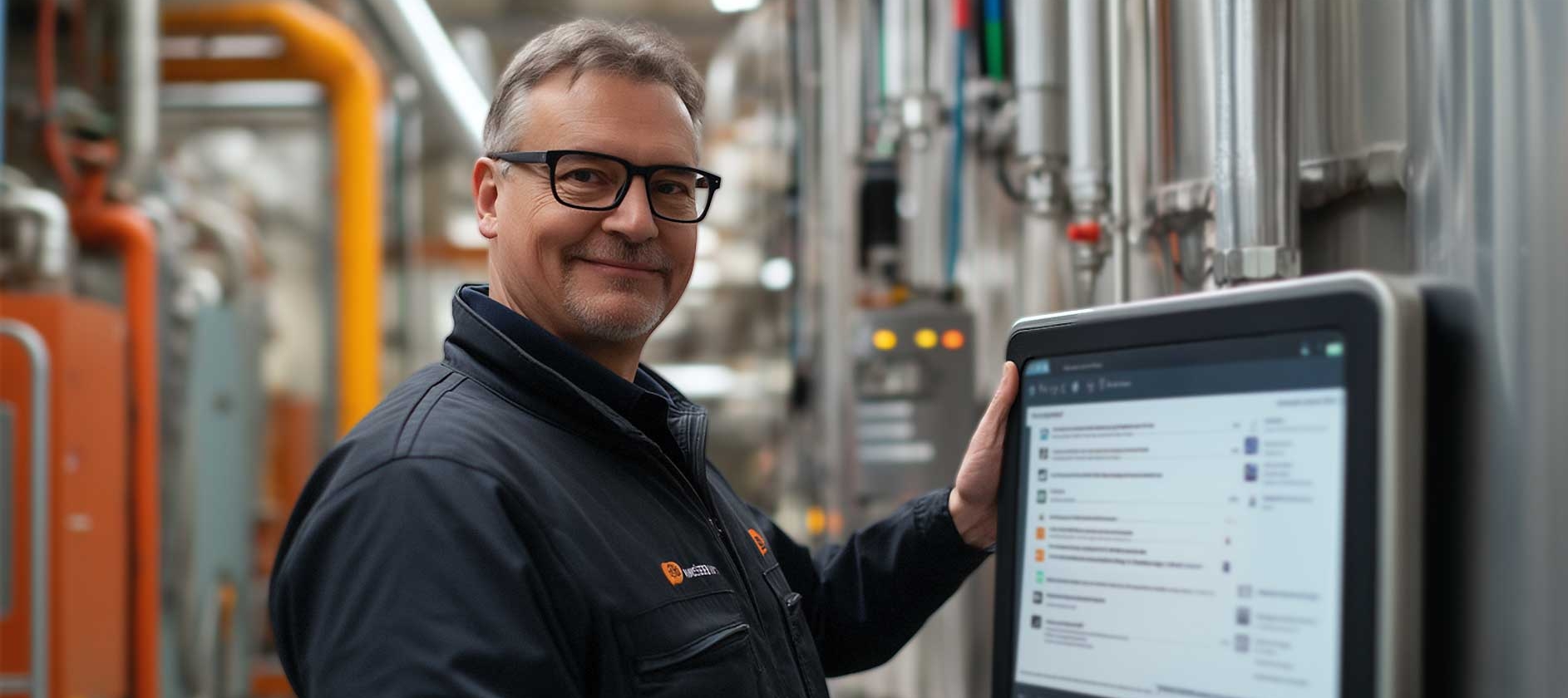 Mitarbeiter in industrieller Produktionsanlage bedient ein Touchscreen-Panel zur Steuerung und Überwachung von Prozessen. 