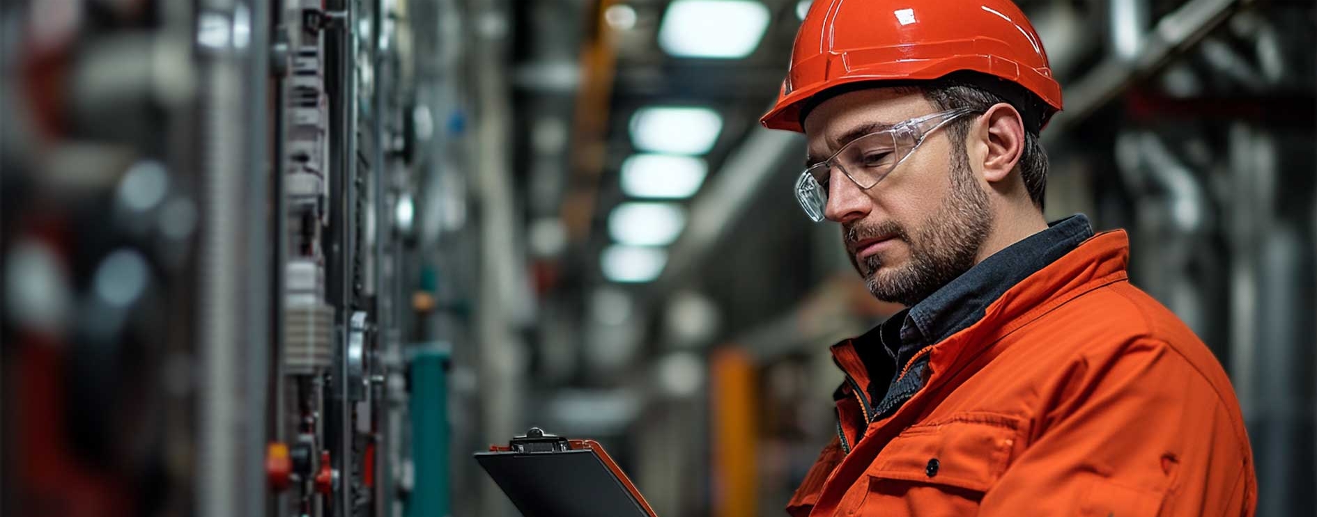 Industrieinspektor mit rotem Schutzhelm und Sicherheitsbrille überprüft Maschinen in einer Produktionsanlage.