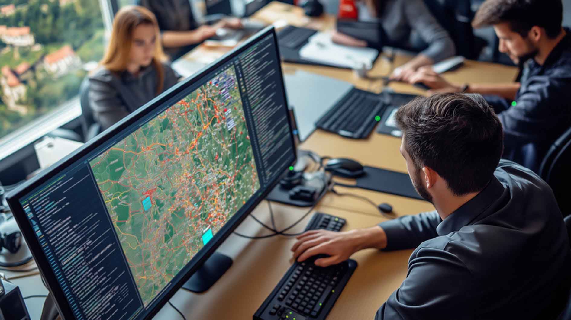 Ein Team von IT-Spezialisten wendet IT-Sicherheitsgrundlagen für Public Safety an. Sie arbeiten an einer Schreibtischinsel, jeder konzentriert auf seine Aufgabe. 