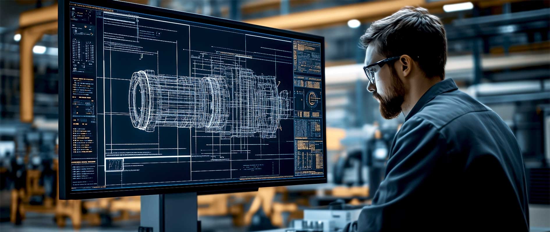 Ingenieur mit Schutzhelm analysiert technische CAD-Zeichnungen auf einem Bildschirm in einer modernen Produktionshalle.