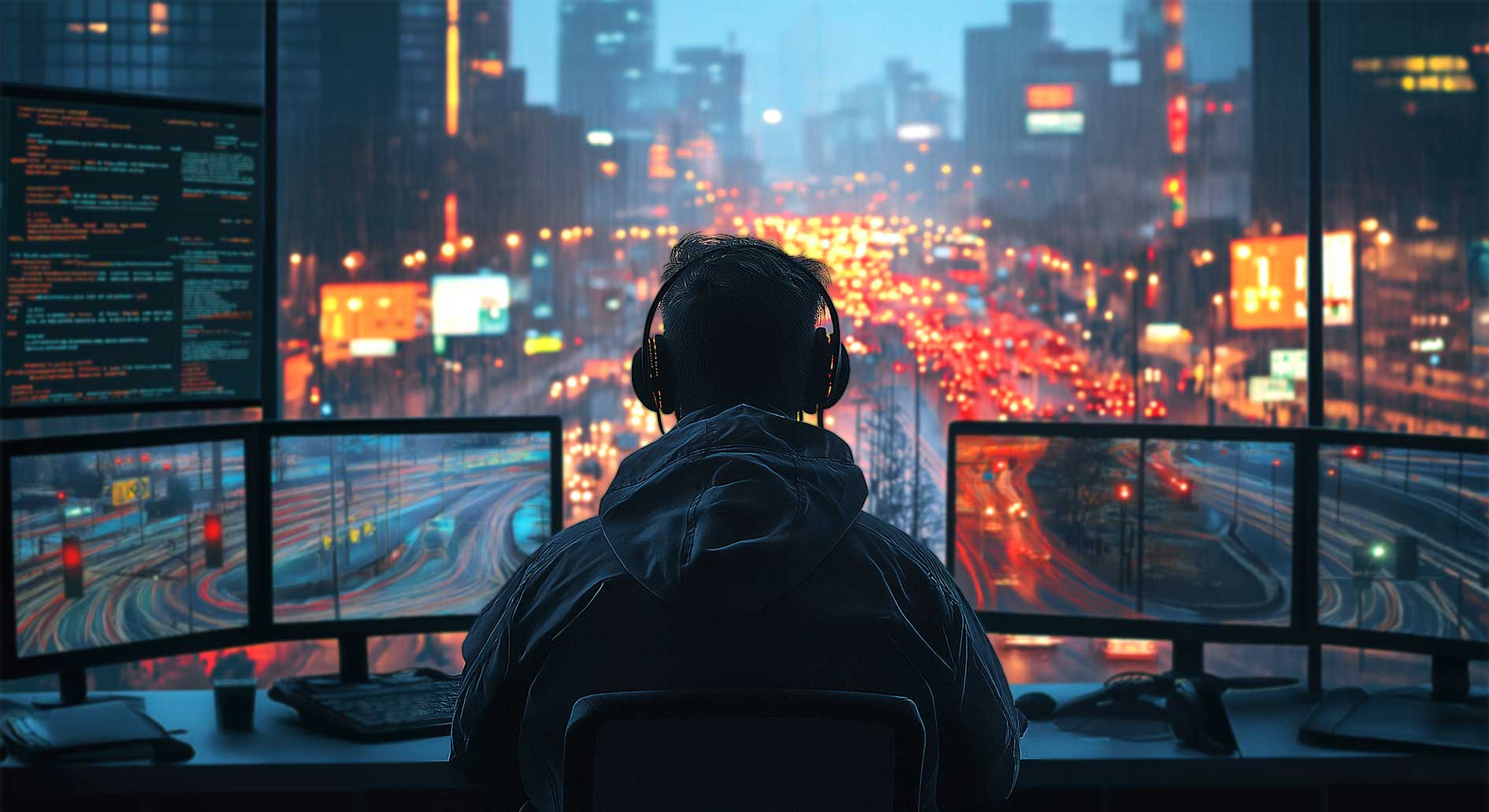 T-Sicherheitsexperte analysiert Netzwerkdaten auf mehreren Monitoren in einem modernen Büro mit Blick auf eine pulsierende Stadt bei Nacht. Cybersicherheit, Datenanalyse und digitale Überwachung in einer urbanen Umgebung.
