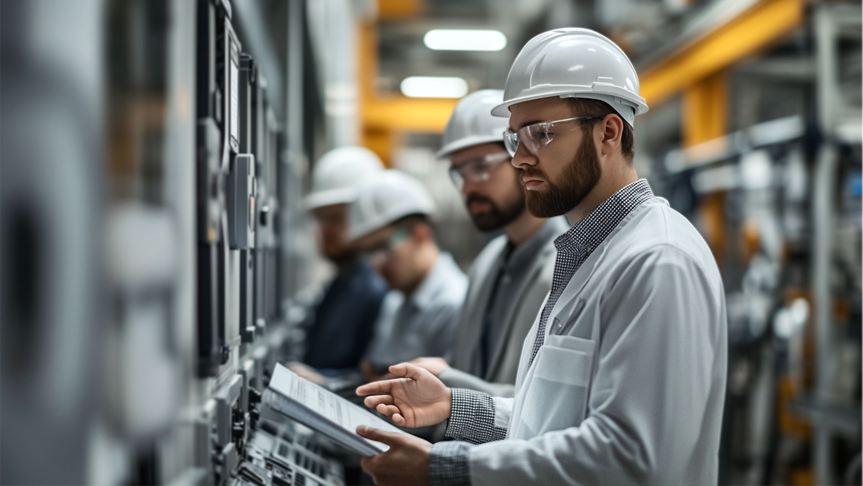 Industrieingenieure mit Schutzhelmen inspizieren digitale Steuerungssysteme in einer hochmodernen Produktionsanlage. 
