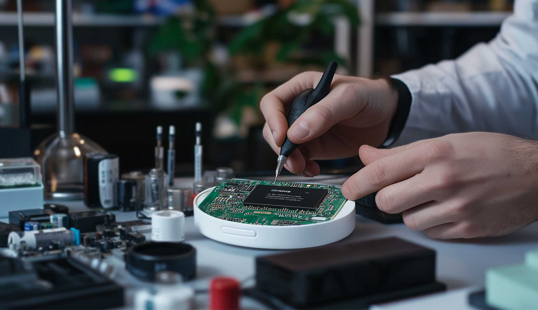 Einführung in die Firmware-Analyse – Techniker arbeitet mit Hardware-Chip.