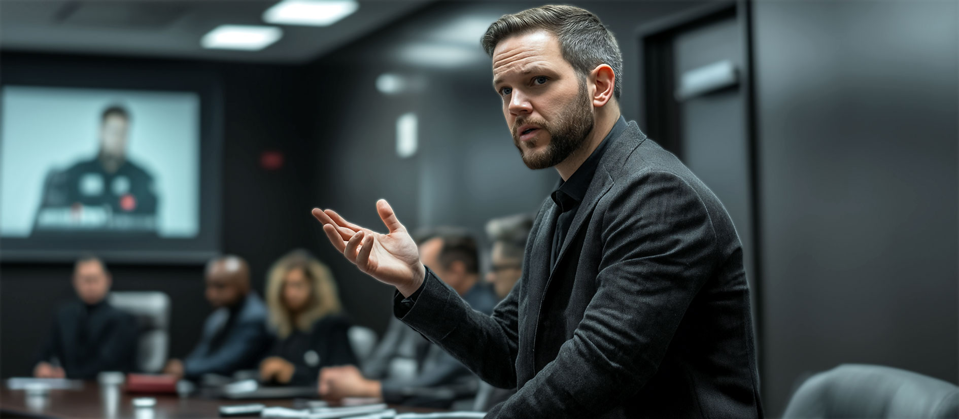 IT-Experte spricht in Konferenzraum über Cyberkriminalität im Darknet und die Rolle von Kryptowährungen