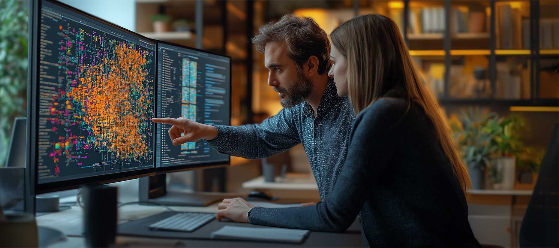 IT-Sicherheitsexperten analysieren Schadsoftware auf einem Monitor mit visuellen Daten.