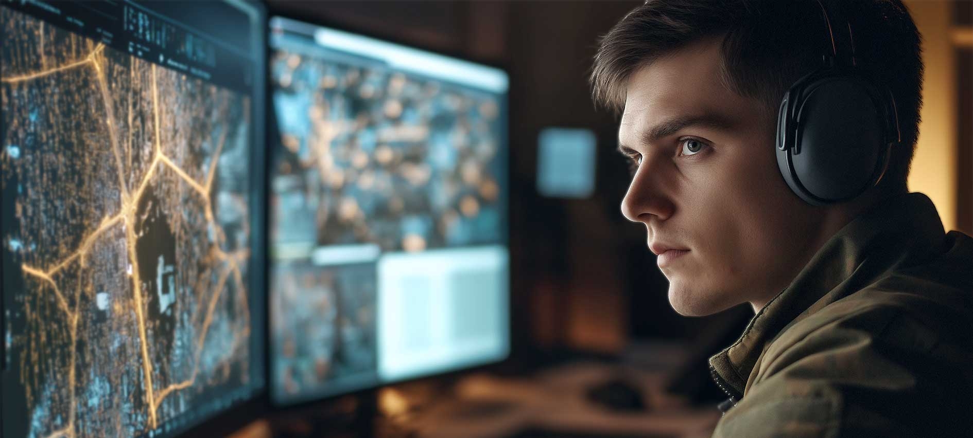 Junger Analyst mit Kopfhörern überwacht in einem dunklen Raum digitale Karten und Daten auf mehreren Monitoren – Open-Source-Intelligence (OSINT) und Cybersicherheit im Fokus.