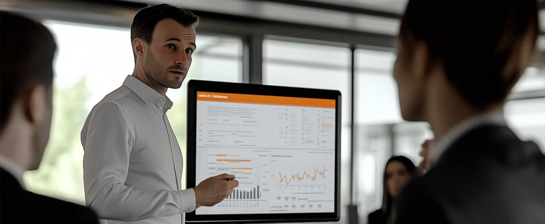Ein professionelles Team bespricht Strategien, während im Hintergrund auf einem Display Zahlen und Diagramme zu sehen sind. 