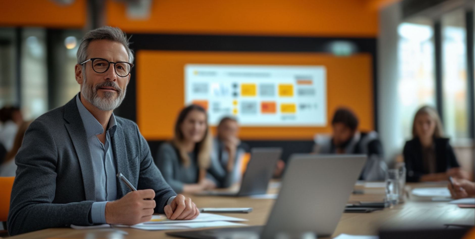 Geschäftsmann im Anzug bei einem Business-Meeting, mit Laptop und Notizen, moderne Büroeinrichtung mit Präsentation im Hintergrund.