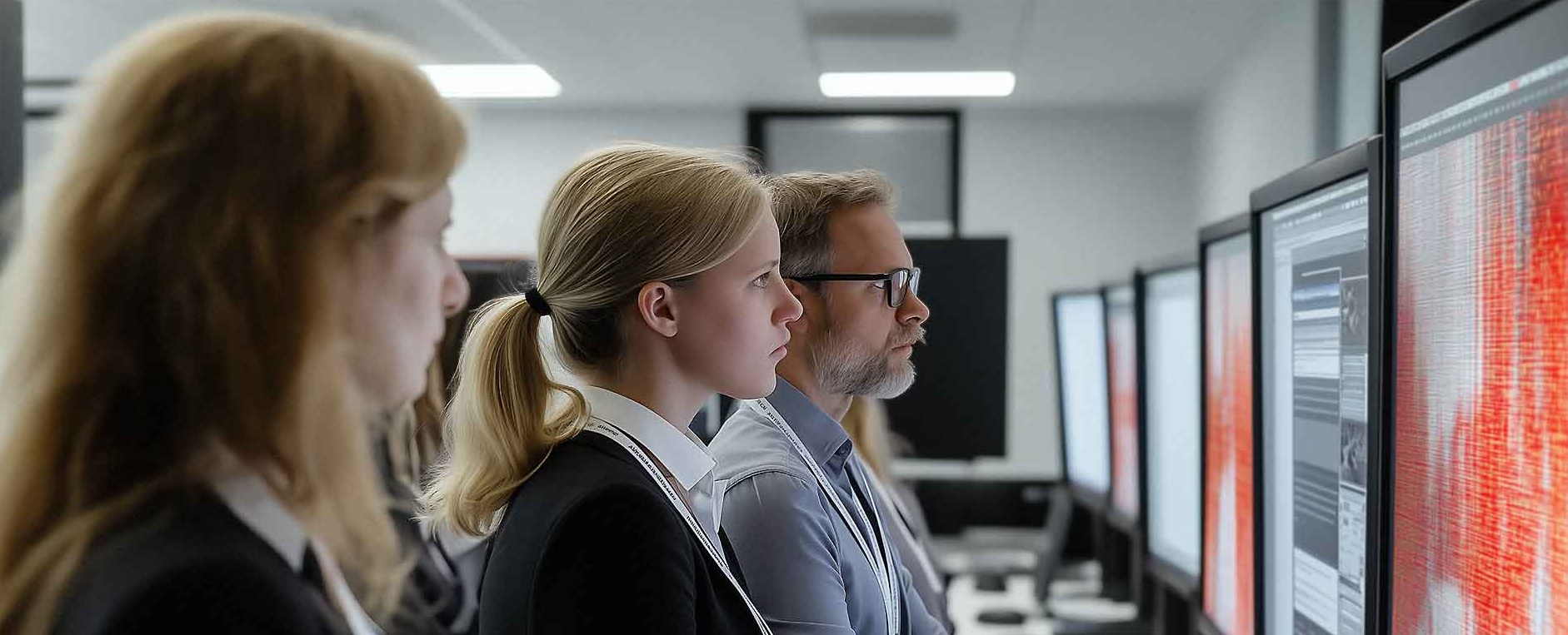 Ein Team von IT-Sicherheitsspezialisten nimmt an einem Cyber-Crisis-Management-Simulationskurs teil. Sie stehen vor großen Displays und verfolgen aufmerksam die Simulation einer Cyberangriff-Reaktion.