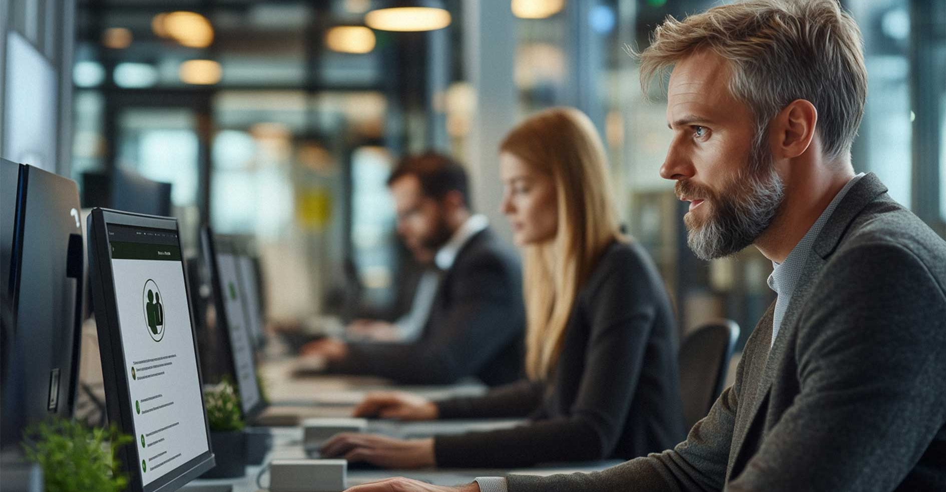 Drei Arbeitnehmer sitzen im Büro nebeneinander. Auf dem Bildschirm ist eine Infografik zum Datenschutz am Arbeitsplatz zu sehen. 
