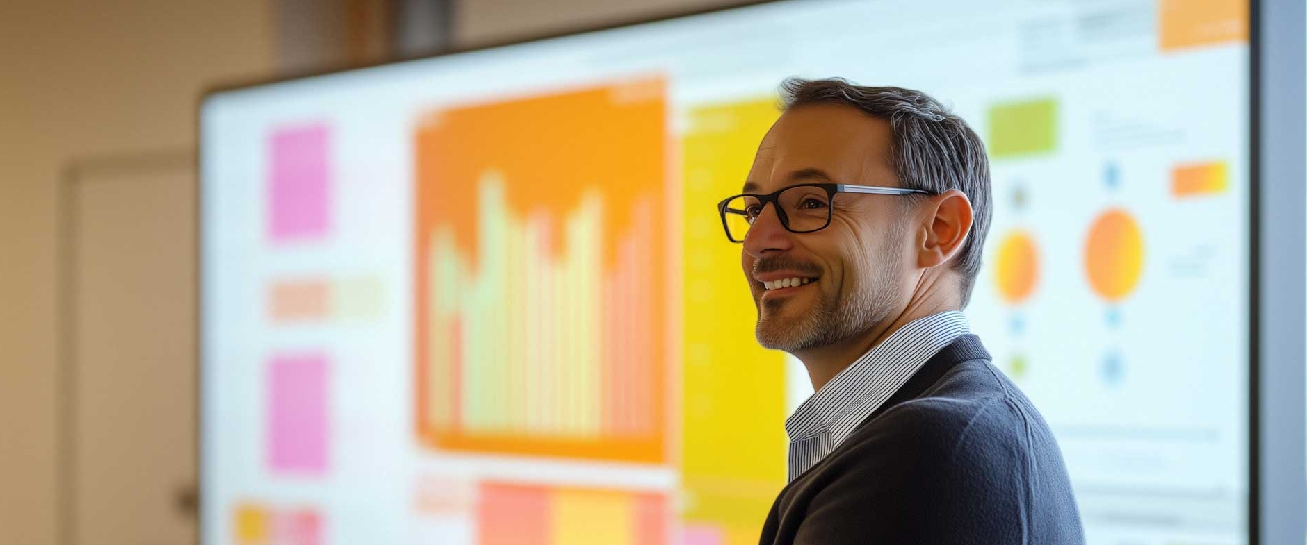 Ein Trainer steht vor einem großen Display, lächelt und erklärt die Grundlagen der IT-Sicherheit.