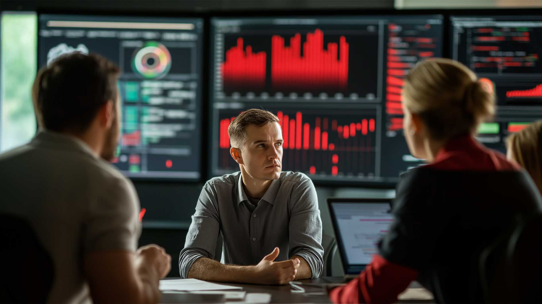 Ein Team tauscht sich über Sicherheitsorganisationsstrategien im Unternehmen aus. Im Hintergrund zeigt ein Display Diagramme und Zahlen. 