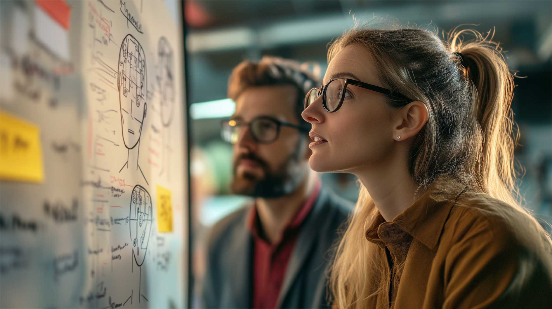 Zwei Fachleute analysieren ein Whiteboard mit Diagrammen und Notizen zu maschinellem Lernen. 