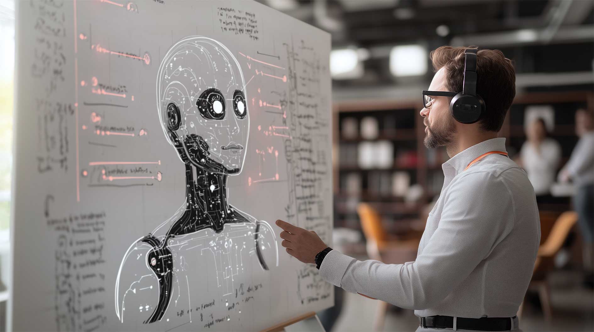 Fachexperte interagiert mit Smartboard mit Notizen zu Algorithmen und Roboter. 