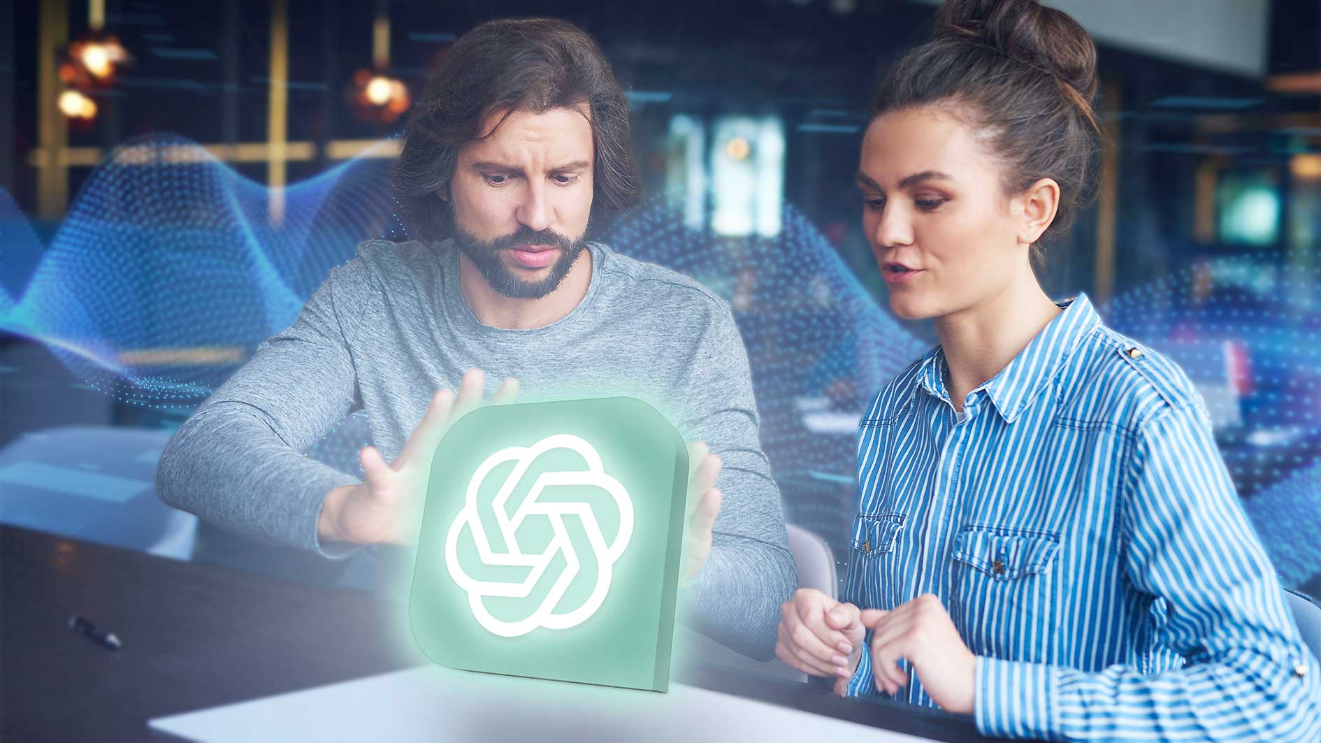 Zwei Personen diskutieren über künstliche Intelligenz, während ein leuchtendes ChatGPT-Logo zwischen ihnen schwebt.