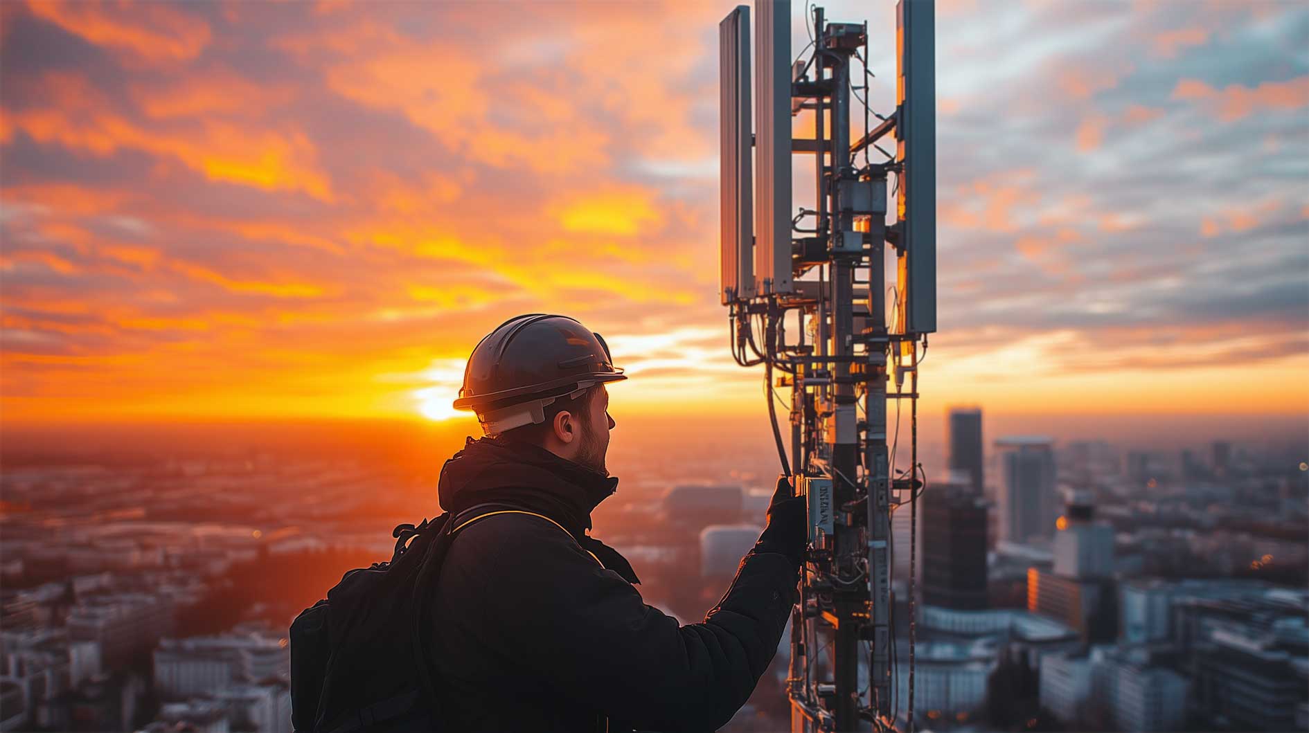 Techniker sichert eine 5G-Kommunikationsantenne auf einem Dach bei Sonnenuntergang und symbolisiert damit die sichere Telekommunikationsinfrastruktur.