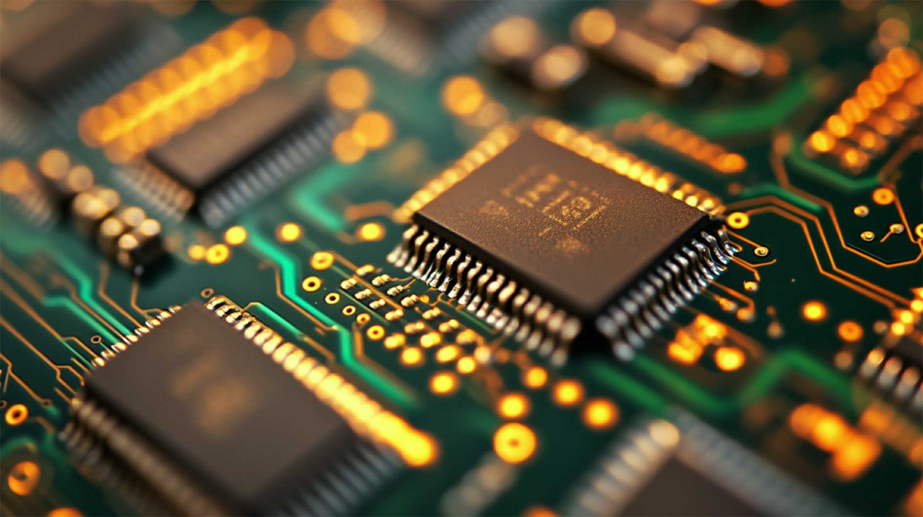 Nahaufnahme einer FPGA-Schaltung mit Mikrochips und leuchtenden Leiterbahnen, die hardwarebasierte IT-Sicherheitslösungen darstellt.