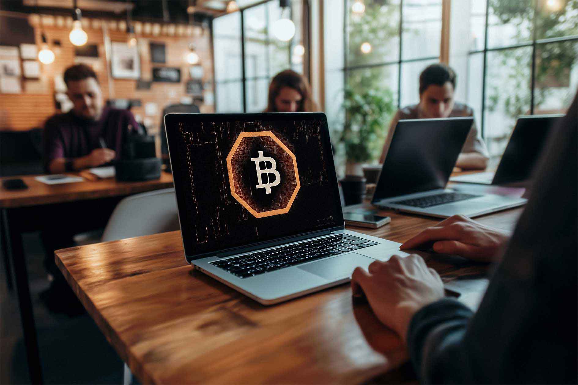 Eine Person arbeitet am Laptop. Auf dem Bildschirm erscheint das Blockchain Logo.  