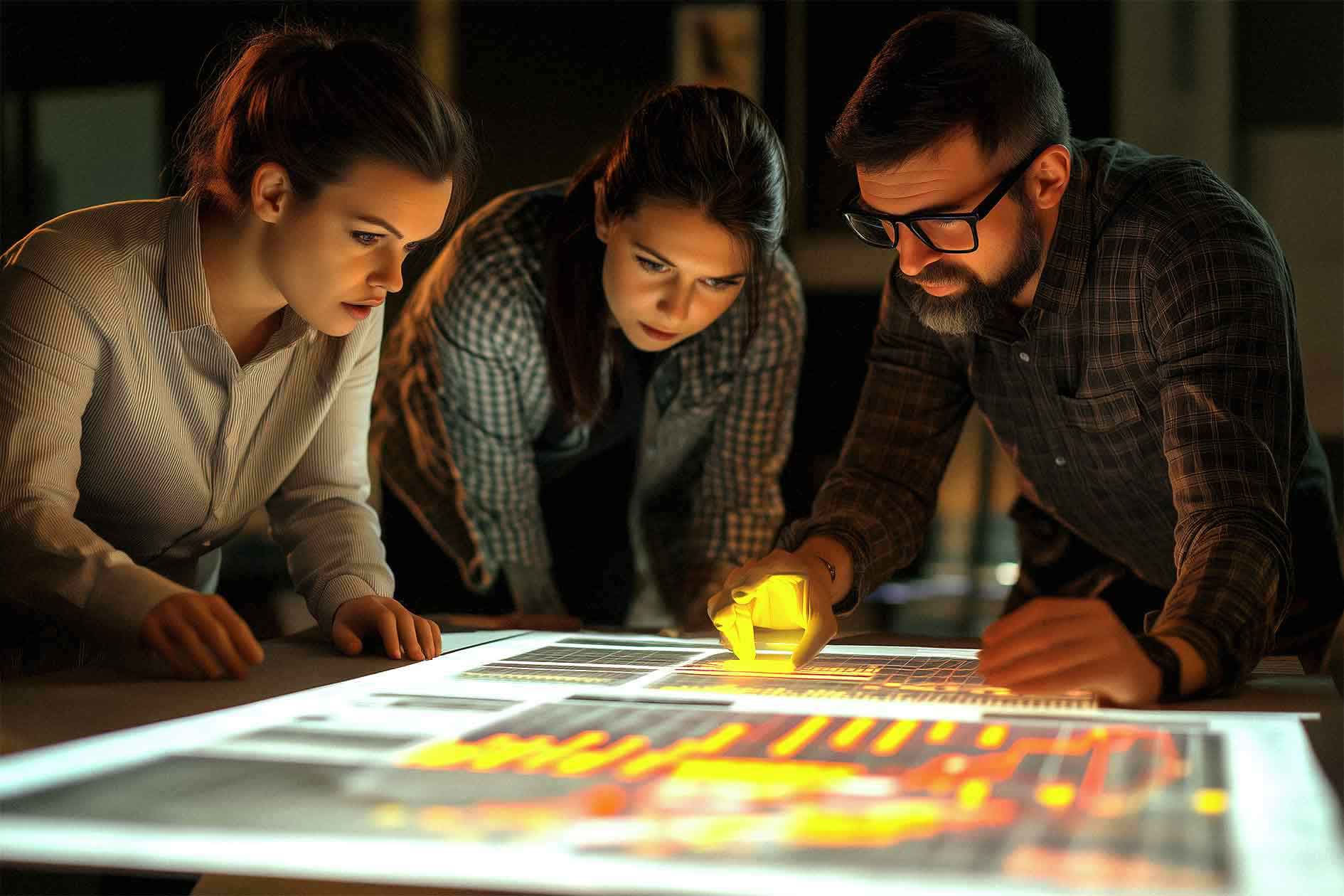 Ein dreiköpfiges Team untersucht ein großes Display in einem Workshop über Blockchain-Einsatz und Anwendungen.