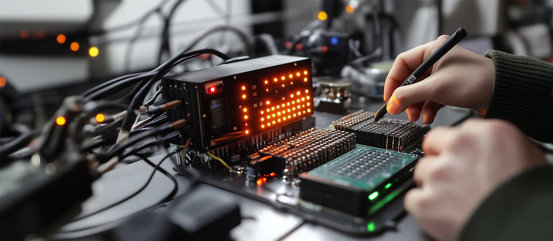 Nahaufnahme von Händen bei der Arbeit an einem Embedded-System mit Mikrocontroller und digitalem Testequiptment