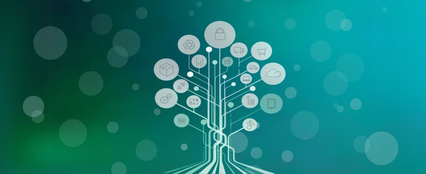 Symbolische Darstellung eines digitalen Netzwerks mit vernetzten Datenpunkten, die Cybersicherheit, Cloud-Technologie und Industrie 4.0 repräsentieren, auf grün-blauem Hintergrund.