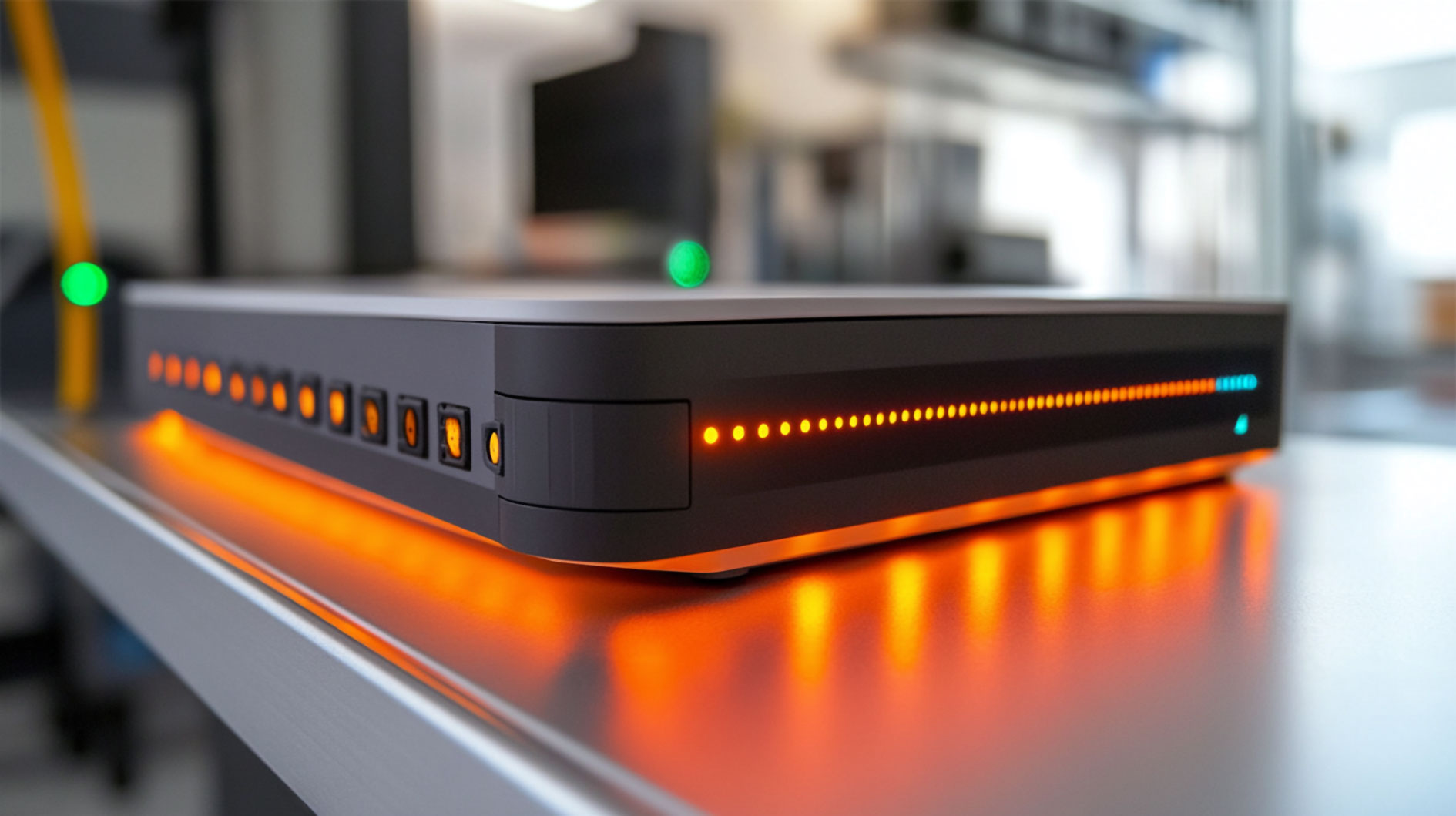 Netzwerkgerät mit leuchtenden Status-LEDs auf einem Tisch in einer Laborumgebung. 