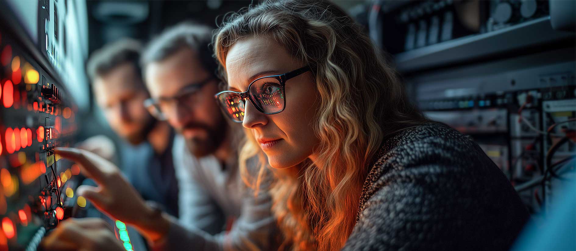 IT-Sicherheitsteam arbeitet konzentriert an einem Netzwerkserver in einem Rechenzentrum - Fokus liegt auf die Frau mit Brille im Vordergrund.