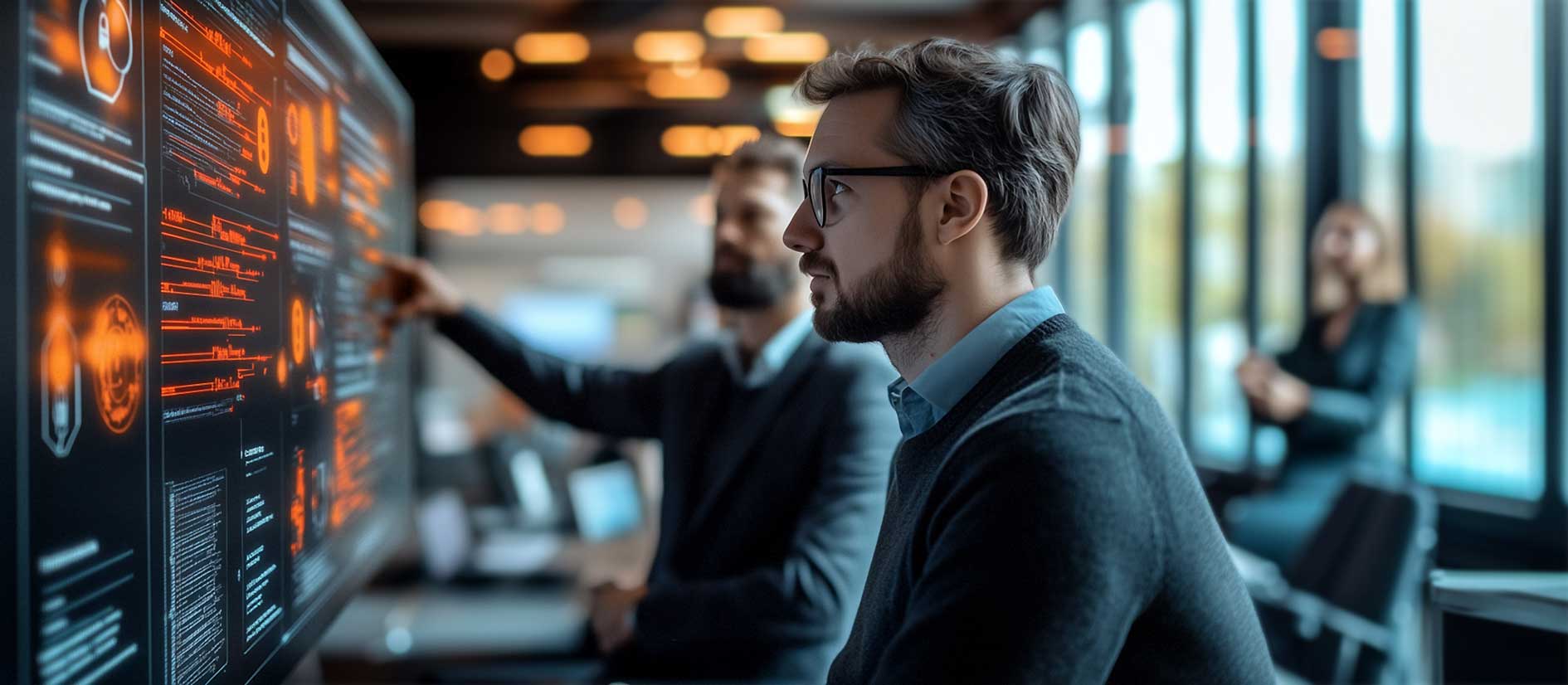 Cybersecurity-Experten analysieren in einem modernen Büro die Sicherheit vernetzter IoT-Produkte auf einem digitalen Dashboard mit Bedrohungsanalyse und Netzwerkdaten.