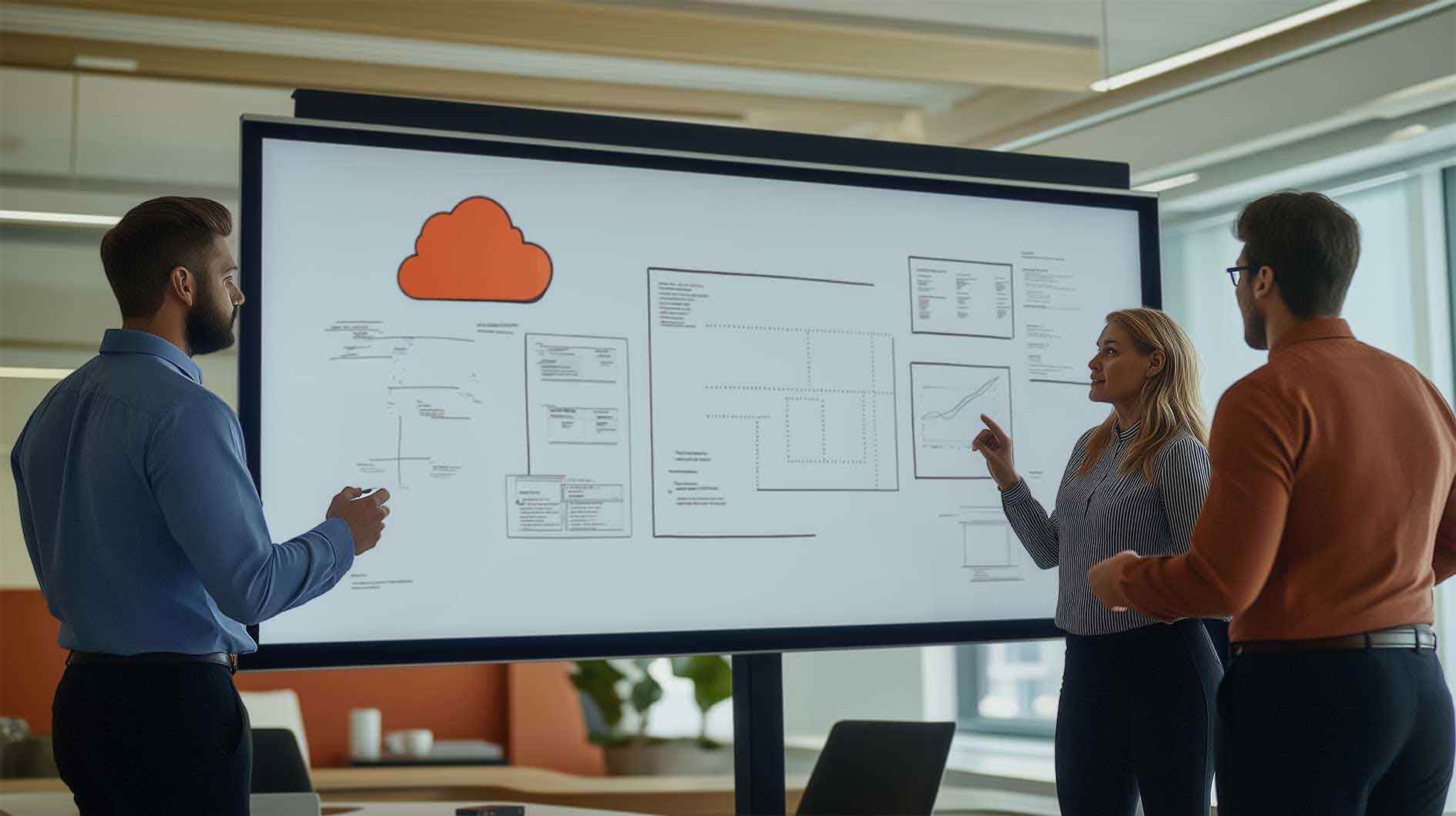 Ein Team diskutiert vor einem Whiteboard über den sicheren Aufbruch in die Cloud. Das Whiteboard zeigt Notizen, Zeichnungen und Pläne. 